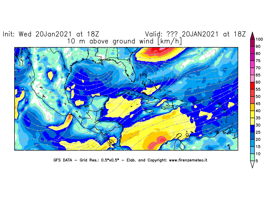 Mappa di analisi GFS - Velocità del vento a 10 metri dal suolo [km/h] in Centro-America
							del 20/01/2021 18 <!--googleoff: index-->UTC<!--googleon: index-->