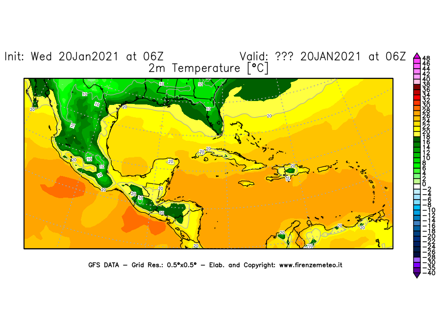 Mappa di analisi GFS - Temperatura a 2 metri dal suolo [°C] in Centro-America
							del 20/01/2021 06 <!--googleoff: index-->UTC<!--googleon: index-->