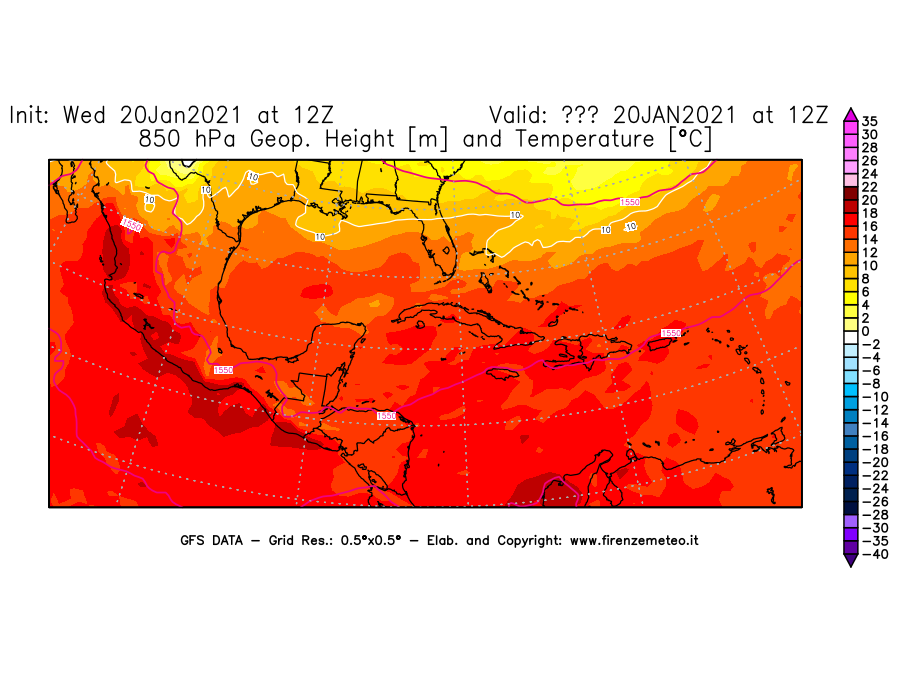 Mappa di analisi GFS - Geopotenziale [m] e Temperatura [°C] a 850 hPa in Centro-America
							del 20/01/2021 12 <!--googleoff: index-->UTC<!--googleon: index-->