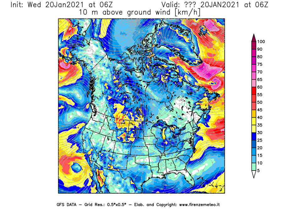 Mappa di analisi GFS - Velocità del vento a 10 metri dal suolo [km/h] in Nord-America
							del 20/01/2021 06 <!--googleoff: index-->UTC<!--googleon: index-->