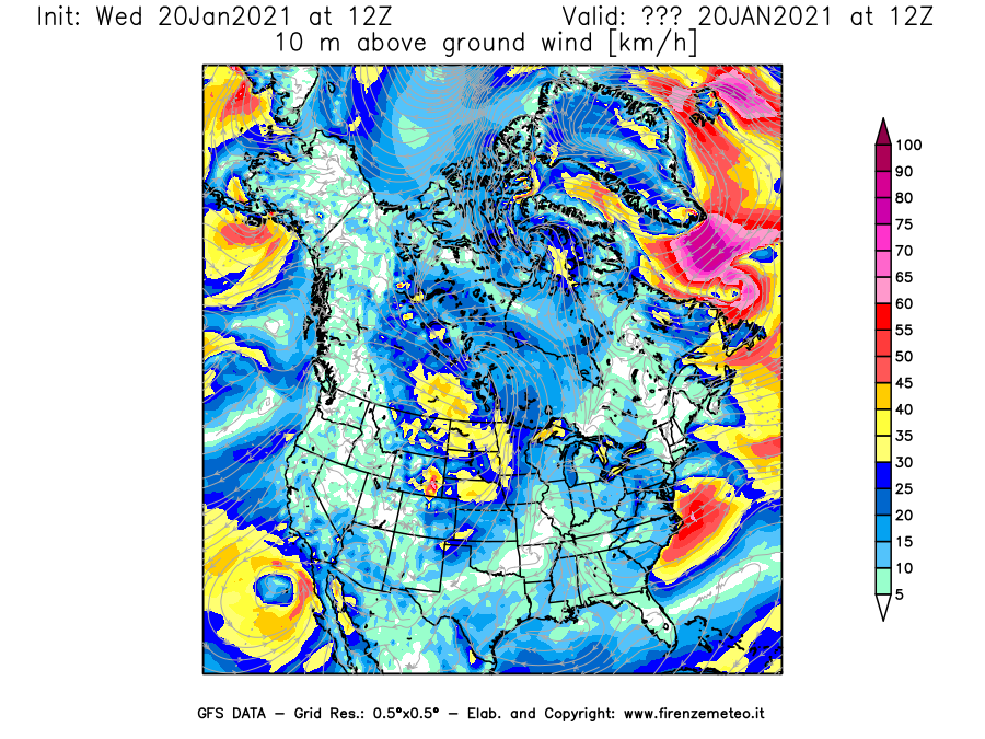Mappa di analisi GFS - Velocità del vento a 10 metri dal suolo [km/h] in Nord-America
							del 20/01/2021 12 <!--googleoff: index-->UTC<!--googleon: index-->