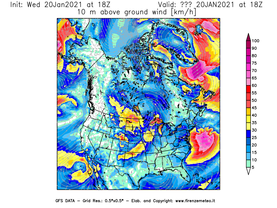 Mappa di analisi GFS - Velocità del vento a 10 metri dal suolo [km/h] in Nord-America
									del 20/01/2021 18 <!--googleoff: index-->UTC<!--googleon: index-->