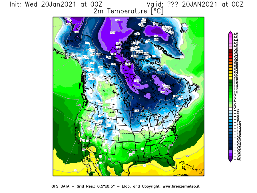 Mappa di analisi GFS - Temperatura a 2 metri dal suolo [°C] in Nord-America
									del 20/01/2021 00 <!--googleoff: index-->UTC<!--googleon: index-->
