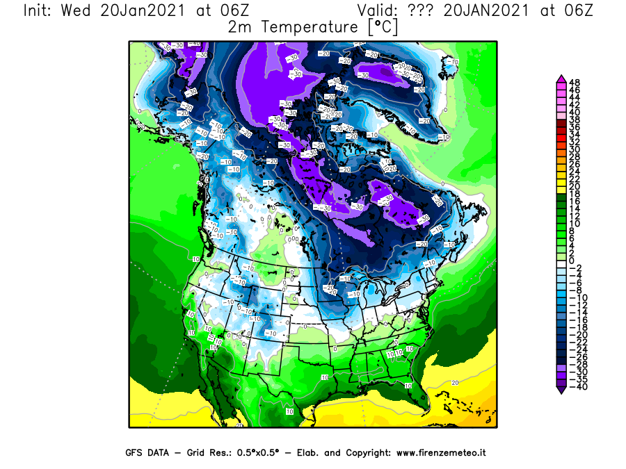 Mappa di analisi GFS - Temperatura a 2 metri dal suolo [°C] in Nord-America
									del 20/01/2021 06 <!--googleoff: index-->UTC<!--googleon: index-->