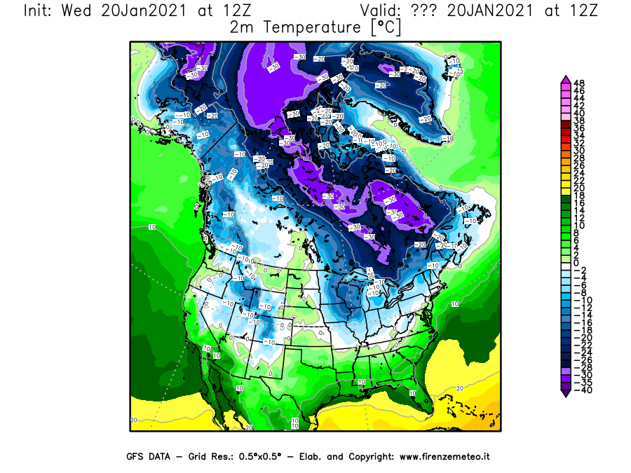 Mappa di analisi GFS - Temperatura a 2 metri dal suolo [°C] in Nord-America
							del 20/01/2021 12 <!--googleoff: index-->UTC<!--googleon: index-->