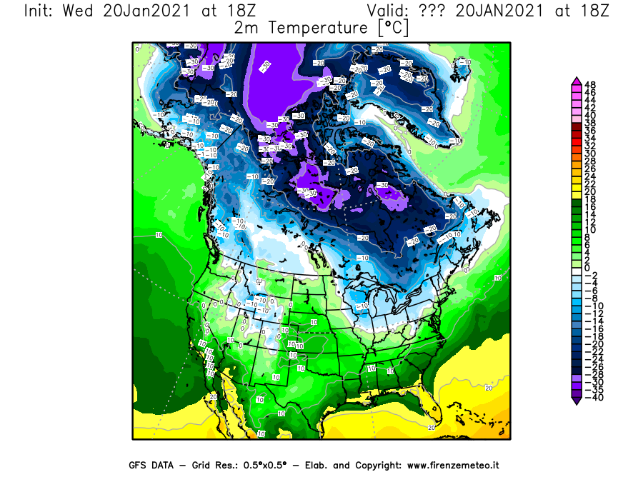 Mappa di analisi GFS - Temperatura a 2 metri dal suolo [°C] in Nord-America
							del 20/01/2021 18 <!--googleoff: index-->UTC<!--googleon: index-->