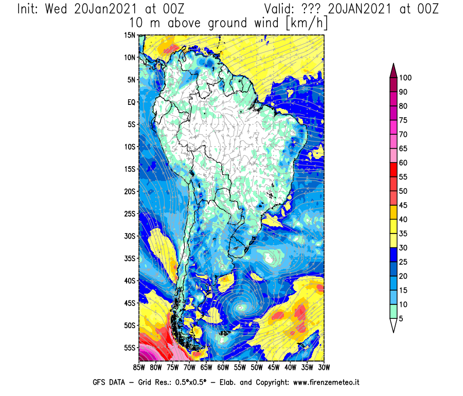Mappa di analisi GFS - Velocità del vento a 10 metri dal suolo [km/h] in Sud-America
							del 20/01/2021 00 <!--googleoff: index-->UTC<!--googleon: index-->