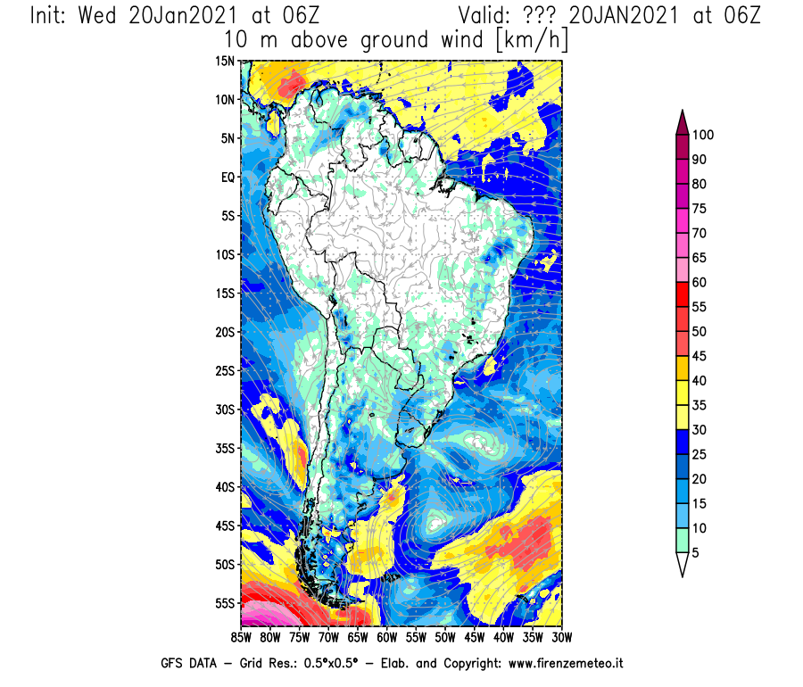 Mappa di analisi GFS - Velocità del vento a 10 metri dal suolo [km/h] in Sud-America
							del 20/01/2021 06 <!--googleoff: index-->UTC<!--googleon: index-->