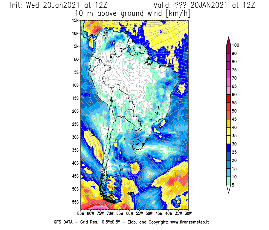 Mappa di analisi GFS - Velocità del vento a 10 metri dal suolo [km/h] in Sud-America
									del 20/01/2021 12 <!--googleoff: index-->UTC<!--googleon: index-->