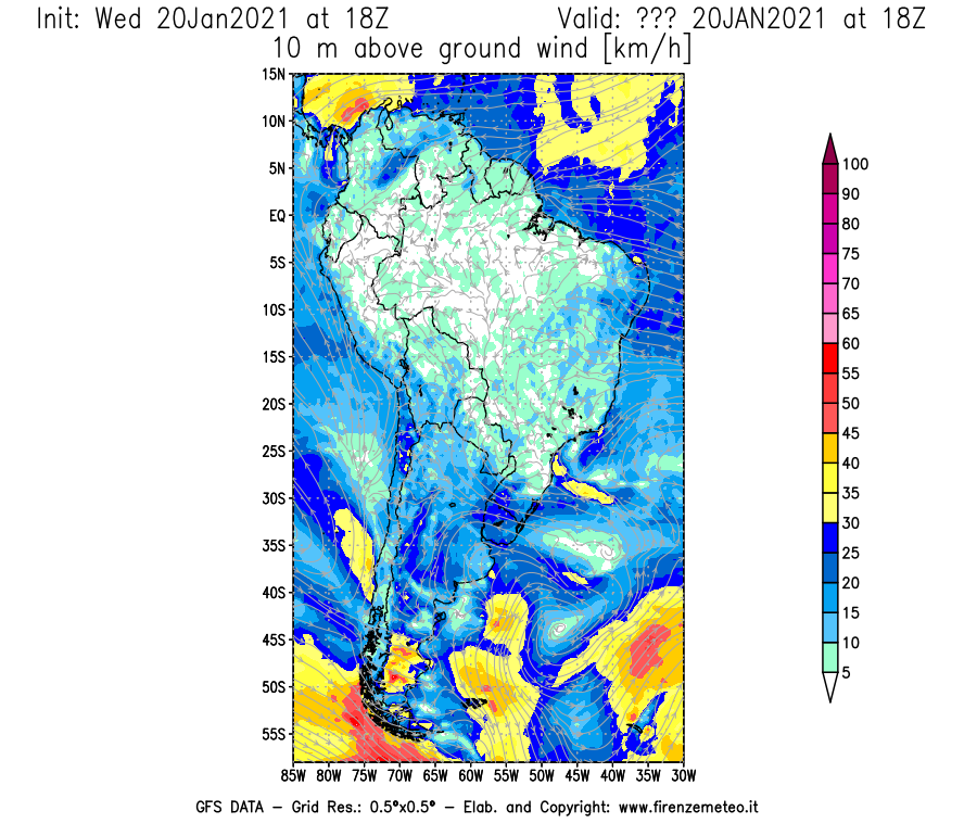 Mappa di analisi GFS - Velocità del vento a 10 metri dal suolo [km/h] in Sud-America
							del 20/01/2021 18 <!--googleoff: index-->UTC<!--googleon: index-->