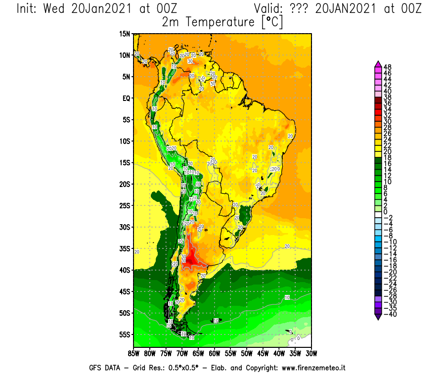 Mappa di analisi GFS - Temperatura a 2 metri dal suolo [°C] in Sud-America
							del 20/01/2021 00 <!--googleoff: index-->UTC<!--googleon: index-->