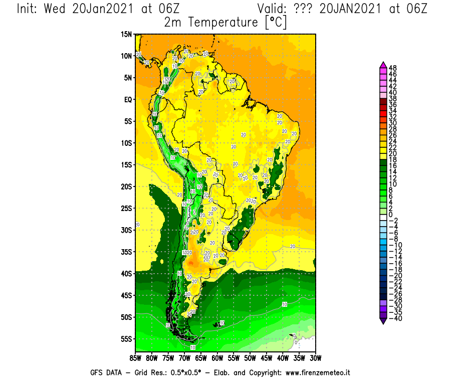 Mappa di analisi GFS - Temperatura a 2 metri dal suolo [°C] in Sud-America
									del 20/01/2021 06 <!--googleoff: index-->UTC<!--googleon: index-->