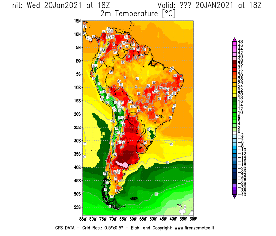 Mappa di analisi GFS - Temperatura a 2 metri dal suolo [°C] in Sud-America
									del 20/01/2021 18 <!--googleoff: index-->UTC<!--googleon: index-->