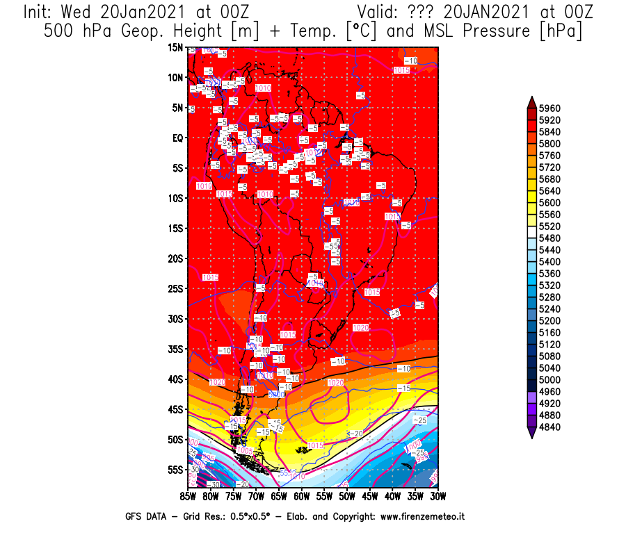 Mappa di analisi GFS - Geopotenziale [m] + Temp. [°C] a 500 hPa + Press. a livello del mare [hPa] in Sud-America
									del 20/01/2021 00 <!--googleoff: index-->UTC<!--googleon: index-->