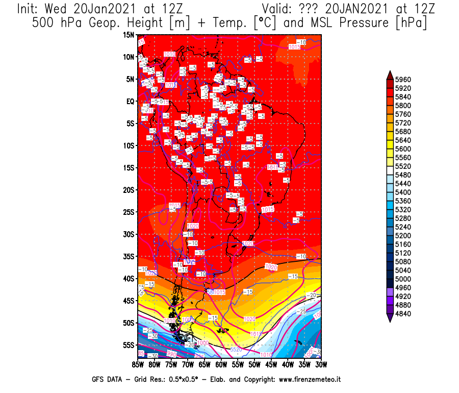 Mappa di analisi GFS - Geopotenziale [m] + Temp. [°C] a 500 hPa + Press. a livello del mare [hPa] in Sud-America
									del 20/01/2021 12 <!--googleoff: index-->UTC<!--googleon: index-->