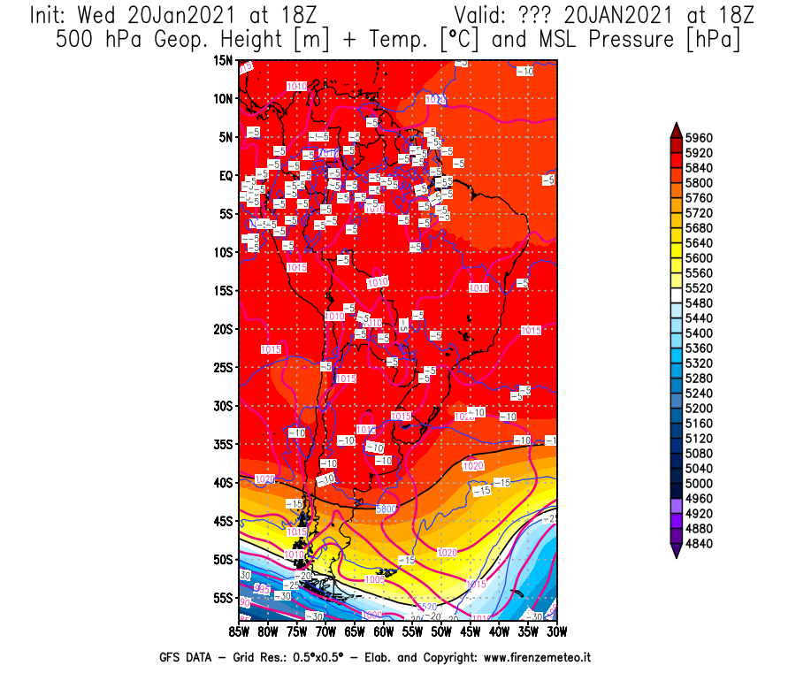 Mappa di analisi GFS - Geopotenziale [m] + Temp. [°C] a 500 hPa + Press. a livello del mare [hPa] in Sud-America
									del 20/01/2021 18 <!--googleoff: index-->UTC<!--googleon: index-->
