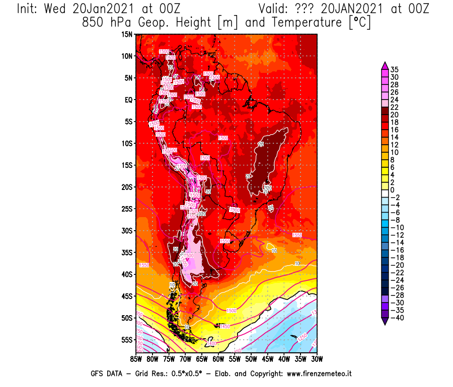 Mappa di analisi GFS - Geopotenziale [m] e Temperatura [°C] a 850 hPa in Sud-America
							del 20/01/2021 00 <!--googleoff: index-->UTC<!--googleon: index-->