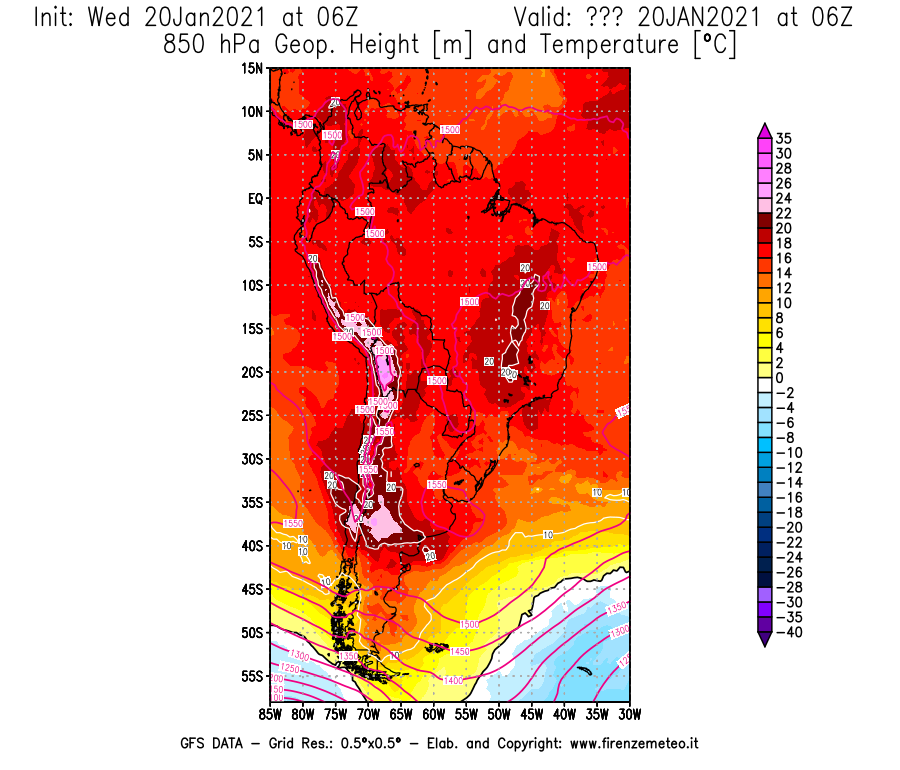 Mappa di analisi GFS - Geopotenziale [m] e Temperatura [°C] a 850 hPa in Sud-America
									del 20/01/2021 06 <!--googleoff: index-->UTC<!--googleon: index-->