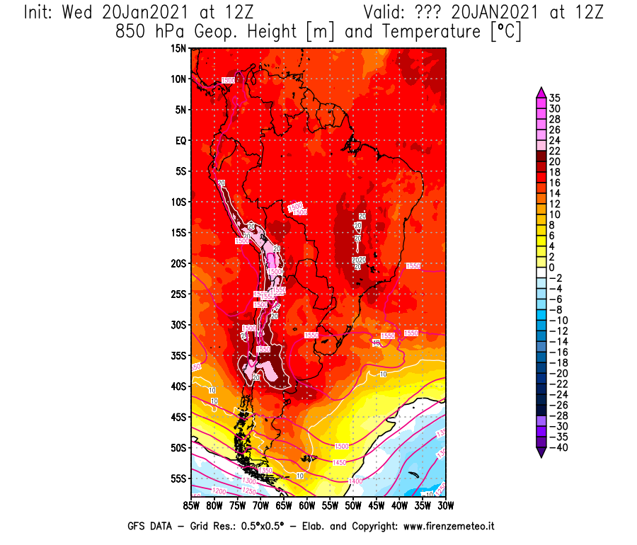 Mappa di analisi GFS - Geopotenziale [m] e Temperatura [°C] a 850 hPa in Sud-America
									del 20/01/2021 12 <!--googleoff: index-->UTC<!--googleon: index-->