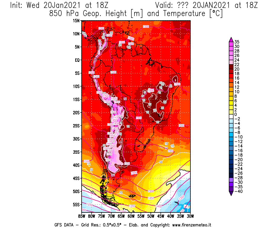 Mappa di analisi GFS - Geopotenziale [m] e Temperatura [°C] a 850 hPa in Sud-America
									del 20/01/2021 18 <!--googleoff: index-->UTC<!--googleon: index-->