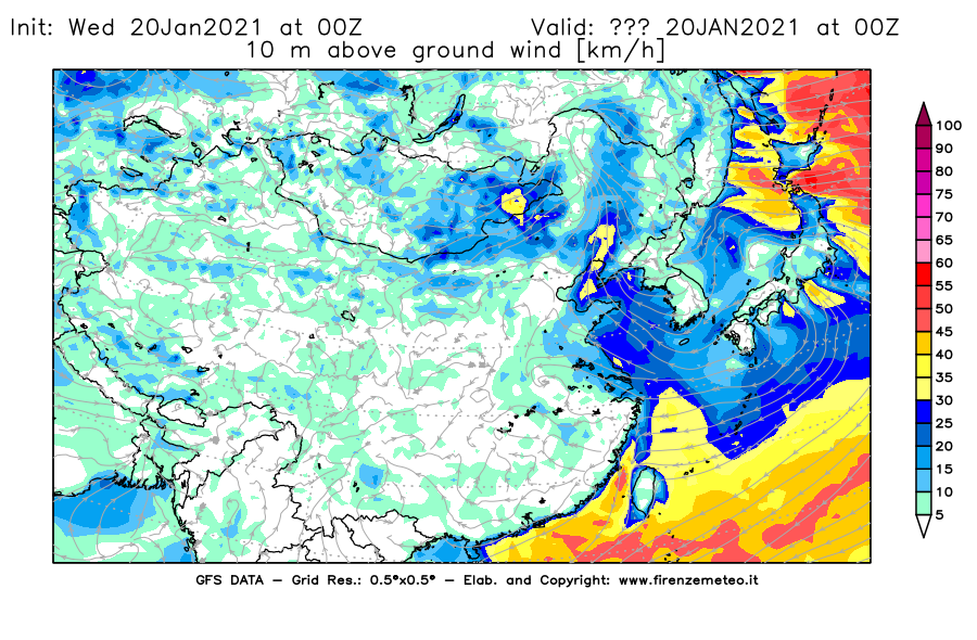 Mappa di analisi GFS - Velocità del vento a 10 metri dal suolo [km/h] in Asia Orientale
							del 20/01/2021 00 <!--googleoff: index-->UTC<!--googleon: index-->
