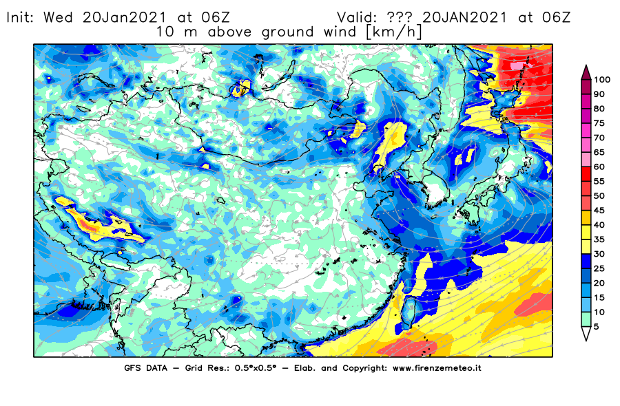 Mappa di analisi GFS - Velocità del vento a 10 metri dal suolo [km/h] in Asia Orientale
							del 20/01/2021 06 <!--googleoff: index-->UTC<!--googleon: index-->