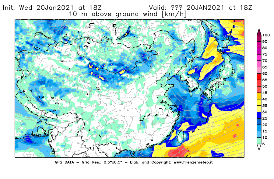 Mappa di analisi GFS - Velocità del vento a 10 metri dal suolo [km/h] in Asia Orientale
									del 20/01/2021 18 <!--googleoff: index-->UTC<!--googleon: index-->