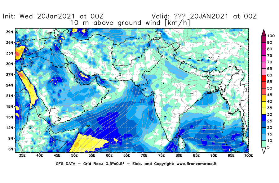 Mappa di analisi GFS - Velocità del vento a 10 metri dal suolo [km/h] in Asia Sud-Occidentale
									del 20/01/2021 00 <!--googleoff: index-->UTC<!--googleon: index-->