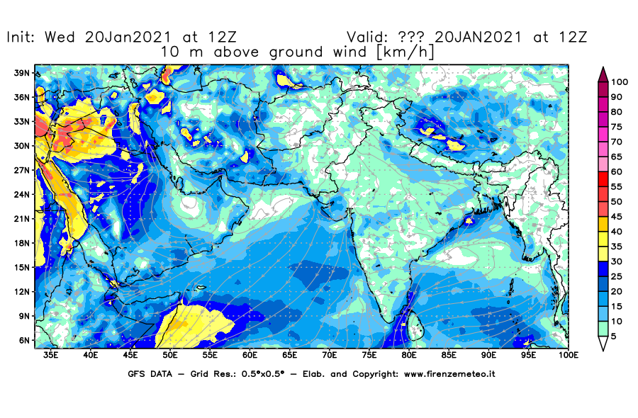 Mappa di analisi GFS - Velocità del vento a 10 metri dal suolo [km/h] in Asia Sud-Occidentale
							del 20/01/2021 12 <!--googleoff: index-->UTC<!--googleon: index-->