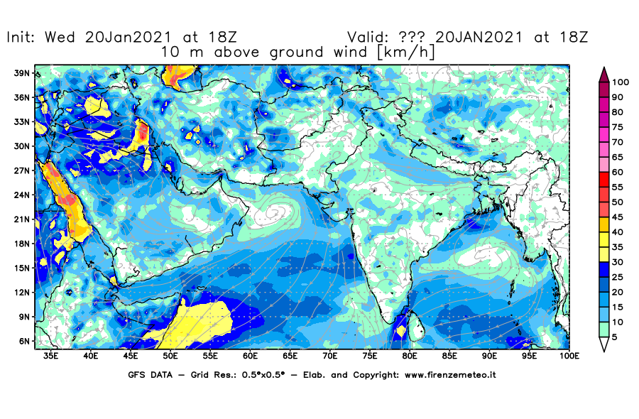 Mappa di analisi GFS - Velocità del vento a 10 metri dal suolo [km/h] in Asia Sud-Occidentale
							del 20/01/2021 18 <!--googleoff: index-->UTC<!--googleon: index-->