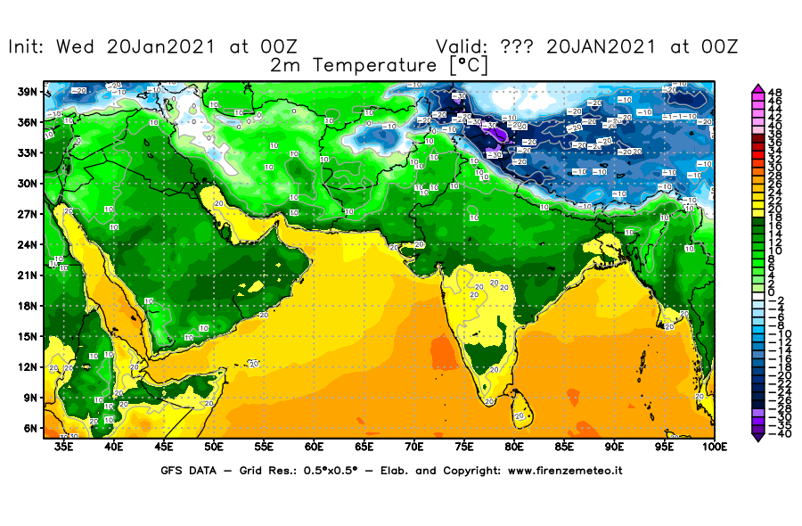 Mappa di analisi GFS - Temperatura a 2 metri dal suolo [°C] in Asia Sud-Occidentale
							del 20/01/2021 00 <!--googleoff: index-->UTC<!--googleon: index-->