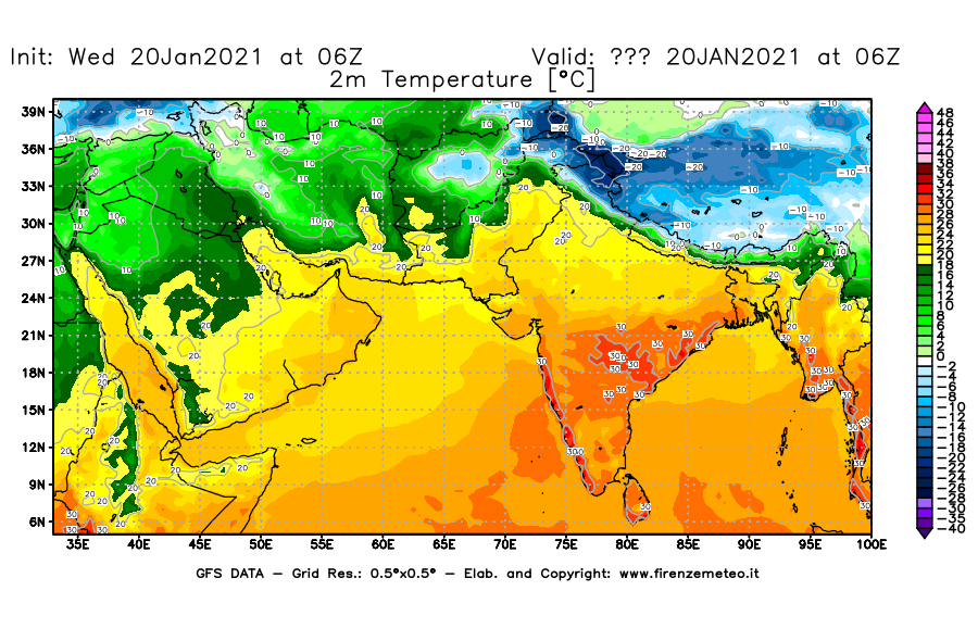 Mappa di analisi GFS - Temperatura a 2 metri dal suolo [°C] in Asia Sud-Occidentale
									del 20/01/2021 06 <!--googleoff: index-->UTC<!--googleon: index-->