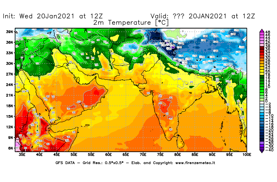 Mappa di analisi GFS - Temperatura a 2 metri dal suolo [°C] in Asia Sud-Occidentale
							del 20/01/2021 12 <!--googleoff: index-->UTC<!--googleon: index-->