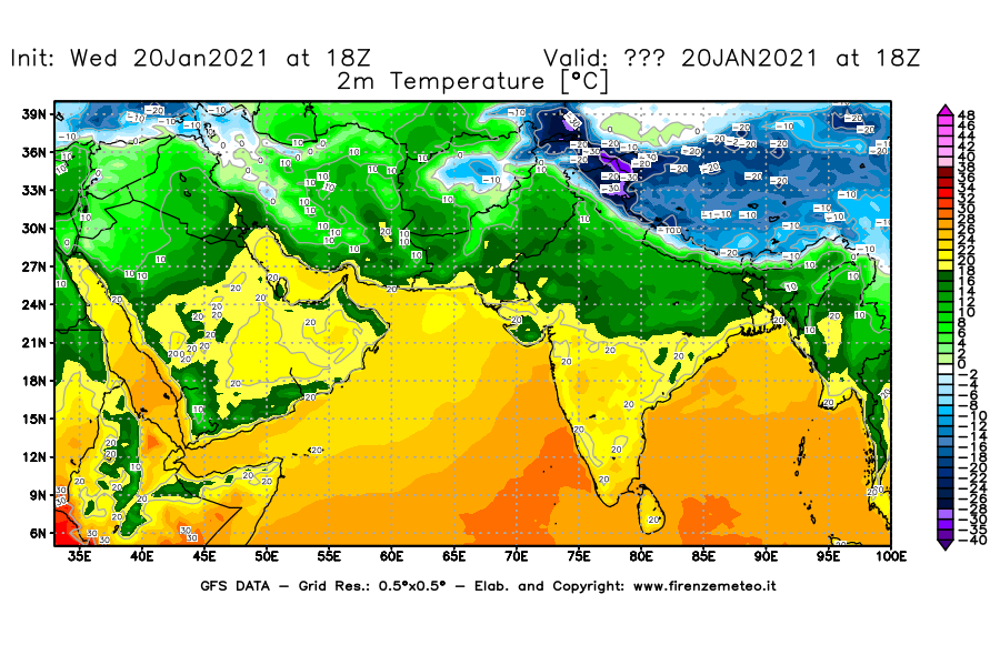 Mappa di analisi GFS - Temperatura a 2 metri dal suolo [°C] in Asia Sud-Occidentale
									del 20/01/2021 18 <!--googleoff: index-->UTC<!--googleon: index-->
