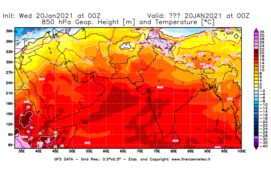 Mappa di analisi GFS - Geopotenziale [m] e Temperatura [°C] a 850 hPa in Asia Sud-Occidentale
									del 20/01/2021 00 <!--googleoff: index-->UTC<!--googleon: index-->