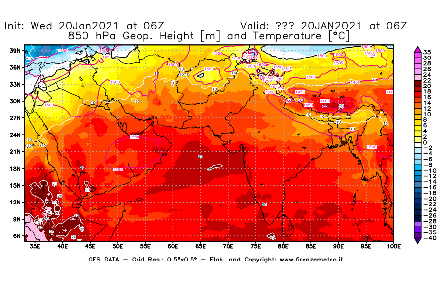 Mappa di analisi GFS - Geopotenziale [m] e Temperatura [°C] a 850 hPa in Asia Sud-Occidentale
							del 20/01/2021 06 <!--googleoff: index-->UTC<!--googleon: index-->