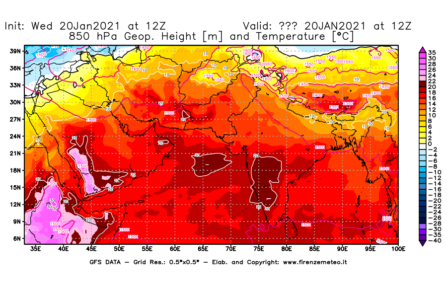 Mappa di analisi GFS - Geopotenziale [m] e Temperatura [°C] a 850 hPa in Asia Sud-Occidentale
									del 20/01/2021 12 <!--googleoff: index-->UTC<!--googleon: index-->