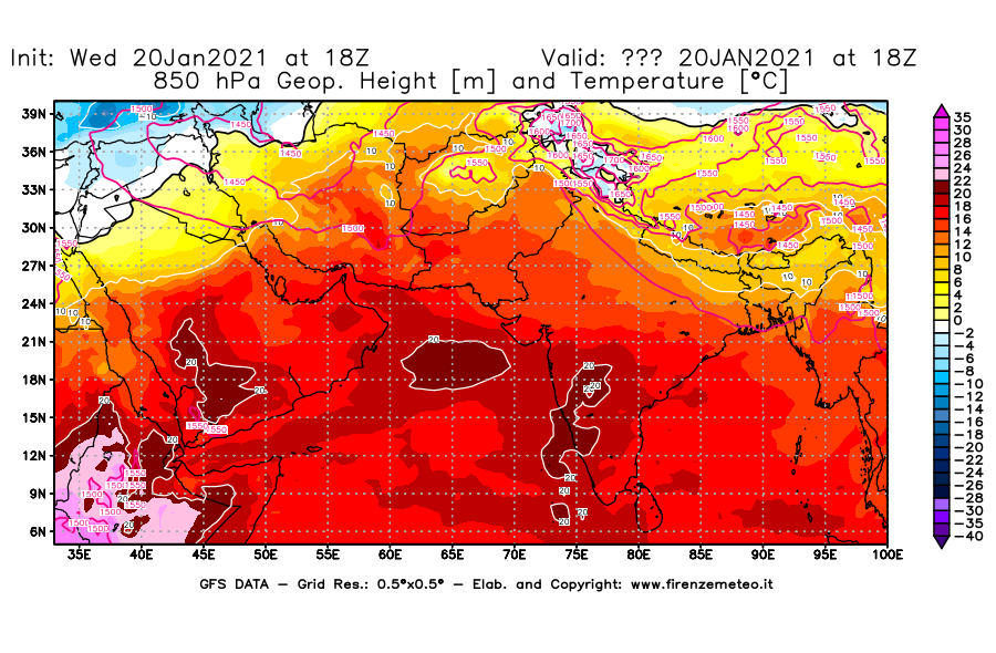 Mappa di analisi GFS - Geopotenziale [m] e Temperatura [°C] a 850 hPa in Asia Sud-Occidentale
							del 20/01/2021 18 <!--googleoff: index-->UTC<!--googleon: index-->