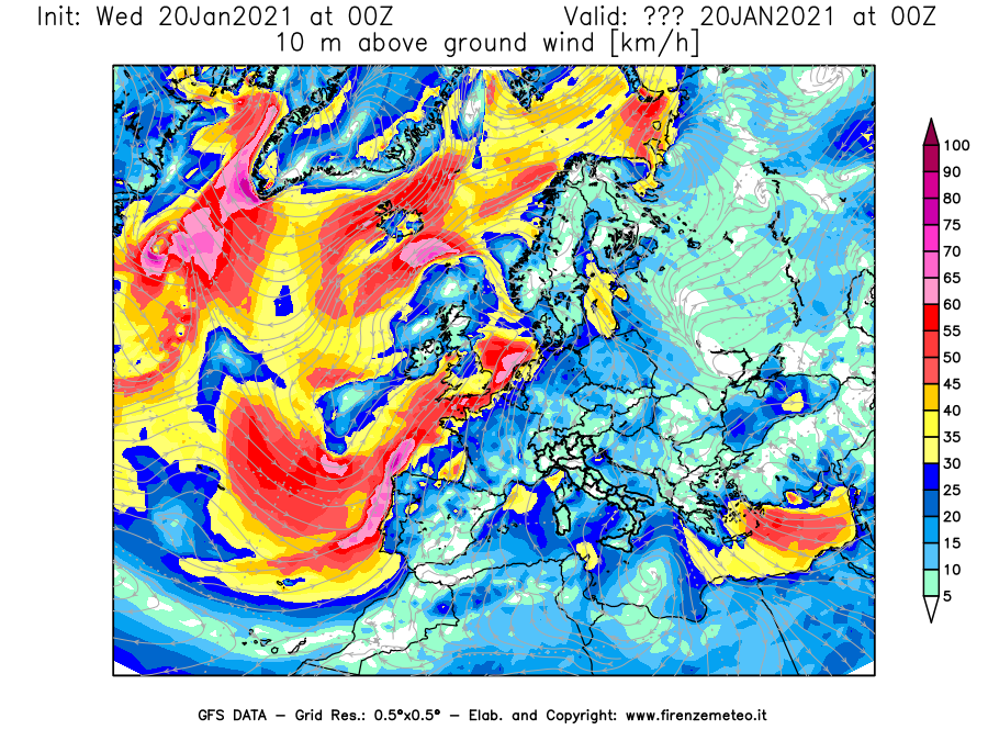 Mappa di analisi GFS - Velocità del vento a 10 metri dal suolo [km/h] in Europa
							del 20/01/2021 00 <!--googleoff: index-->UTC<!--googleon: index-->
