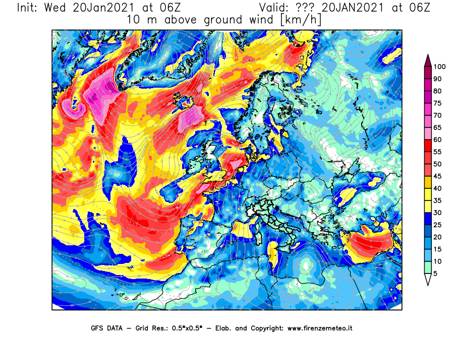Mappa di analisi GFS - Velocità del vento a 10 metri dal suolo [km/h] in Europa
									del 20/01/2021 06 <!--googleoff: index-->UTC<!--googleon: index-->