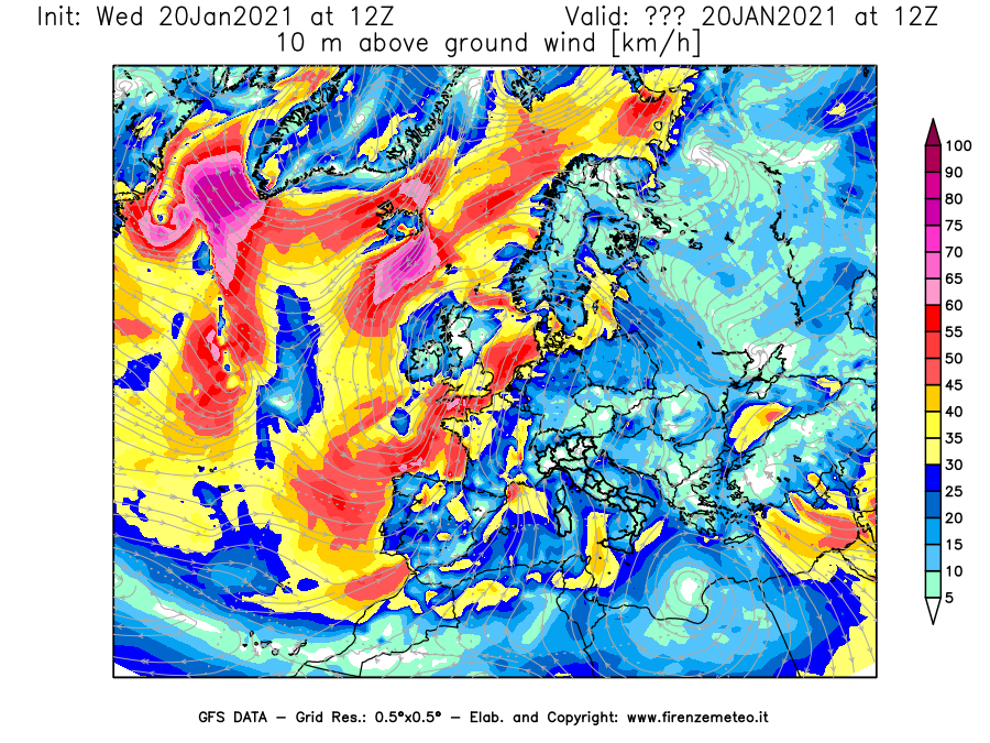 Mappa di analisi GFS - Velocità del vento a 10 metri dal suolo [km/h] in Europa
							del 20/01/2021 12 <!--googleoff: index-->UTC<!--googleon: index-->