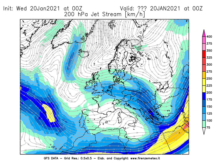 Mappa di analisi GFS - Jet Stream a 200 hPa in Europa
							del 20/01/2021 00 <!--googleoff: index-->UTC<!--googleon: index-->