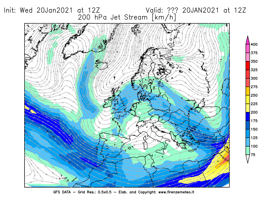 Mappa di analisi GFS - Jet Stream a 200 hPa in Europa
							del 20/01/2021 12 <!--googleoff: index-->UTC<!--googleon: index-->