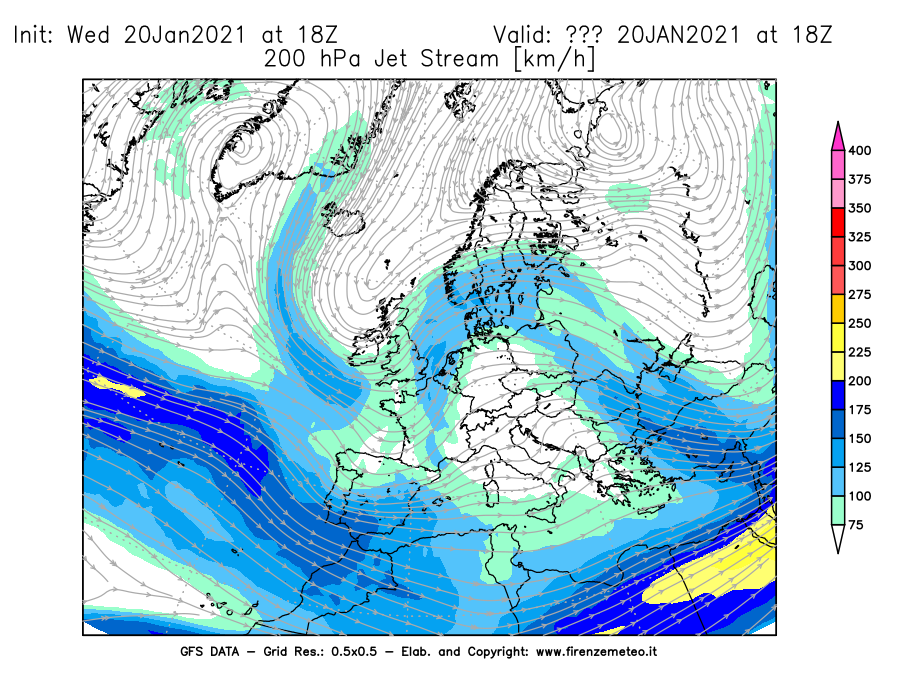 Mappa di analisi GFS - Jet Stream a 200 hPa in Europa
									del 20/01/2021 18 <!--googleoff: index-->UTC<!--googleon: index-->