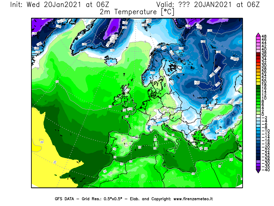 Mappa di analisi GFS - Temperatura a 2 metri dal suolo [°C] in Europa
									del 20/01/2021 06 <!--googleoff: index-->UTC<!--googleon: index-->