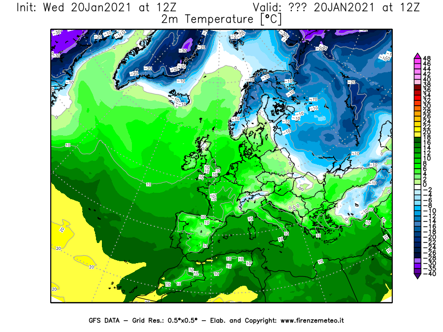 Mappa di analisi GFS - Temperatura a 2 metri dal suolo [°C] in Europa
							del 20/01/2021 12 <!--googleoff: index-->UTC<!--googleon: index-->