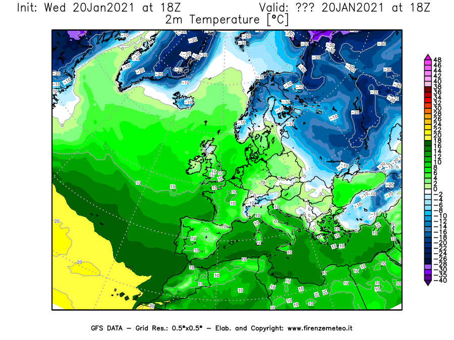 Mappa di analisi GFS - Temperatura a 2 metri dal suolo [°C] in Europa
									del 20/01/2021 18 <!--googleoff: index-->UTC<!--googleon: index-->