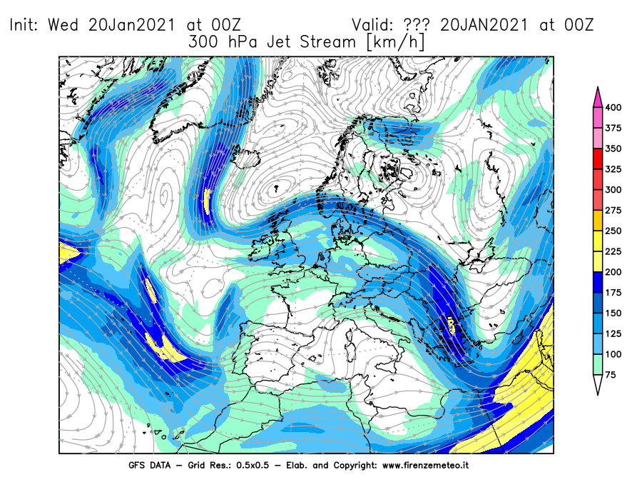 Mappa di analisi GFS - Jet Stream a 300 hPa in Europa
									del 20/01/2021 00 <!--googleoff: index-->UTC<!--googleon: index-->