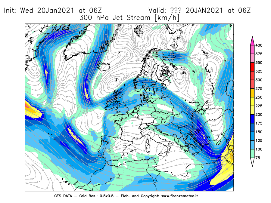 Mappa di analisi GFS - Jet Stream a 300 hPa in Europa
							del 20/01/2021 06 <!--googleoff: index-->UTC<!--googleon: index-->