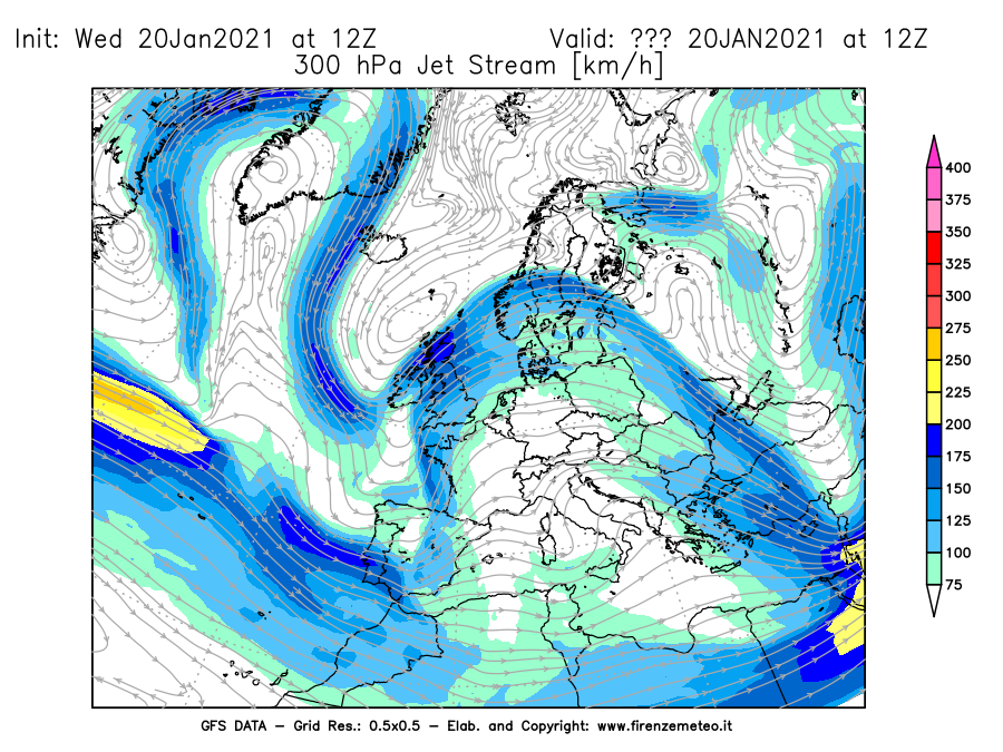 Mappa di analisi GFS - Jet Stream a 300 hPa in Europa
									del 20/01/2021 12 <!--googleoff: index-->UTC<!--googleon: index-->